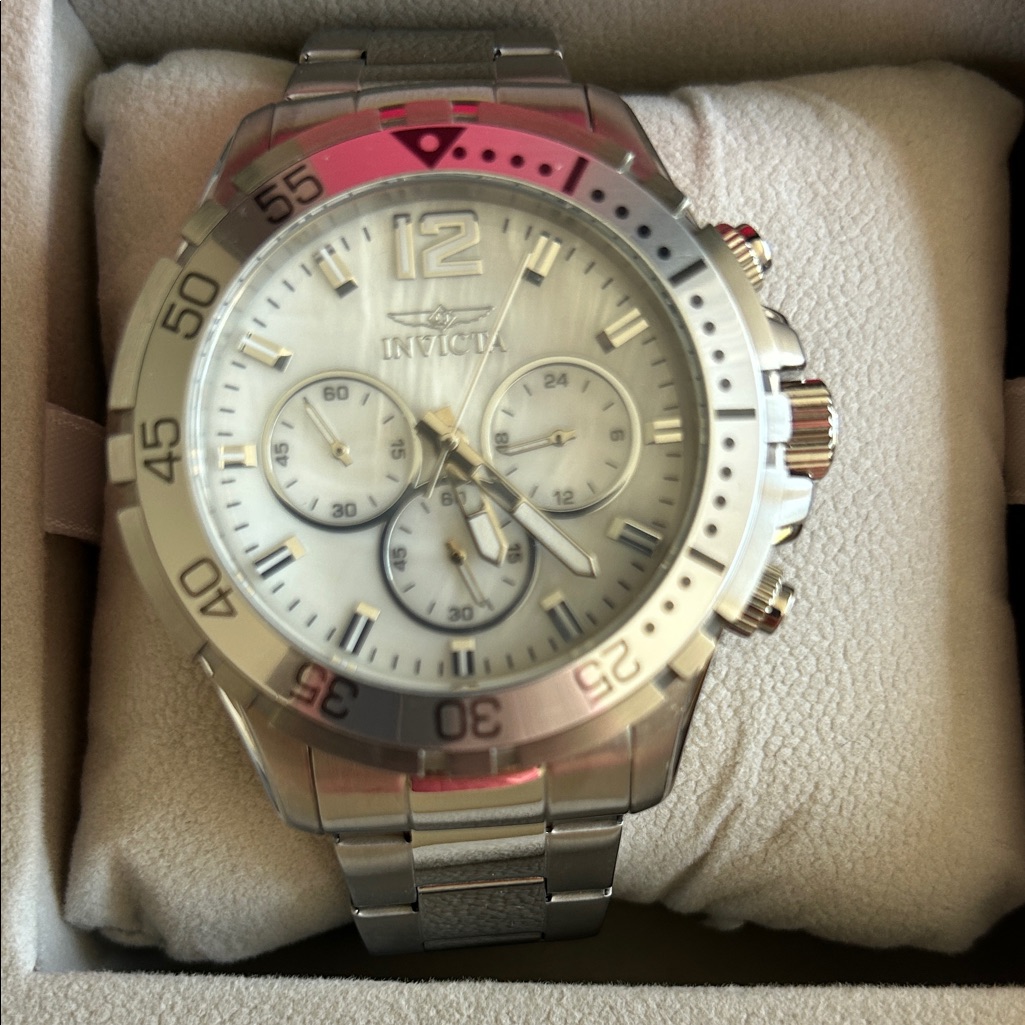 Invicta Silver And White Mother Of Pearl Dial Chronograph Watch